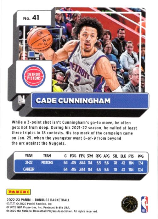 2022 Panini Donruss Holo Laser Green Cade Cunningham #41 Detroit Pistons