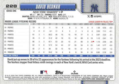 2026 Topps Series 1 David Bednar #228 New York Yankees