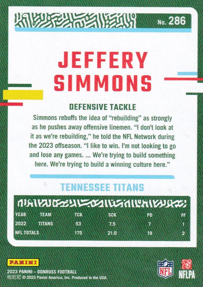 2023 Panini Donruss Jeffery Simmons #286 Tennessee Titans