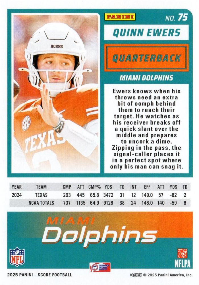 2025 Panini Score Quinn Ewers RC #75 Miami Dolphins