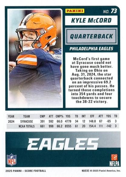 2025 Panini Score Kyle McCord RC #73 Philadelphia Eagles