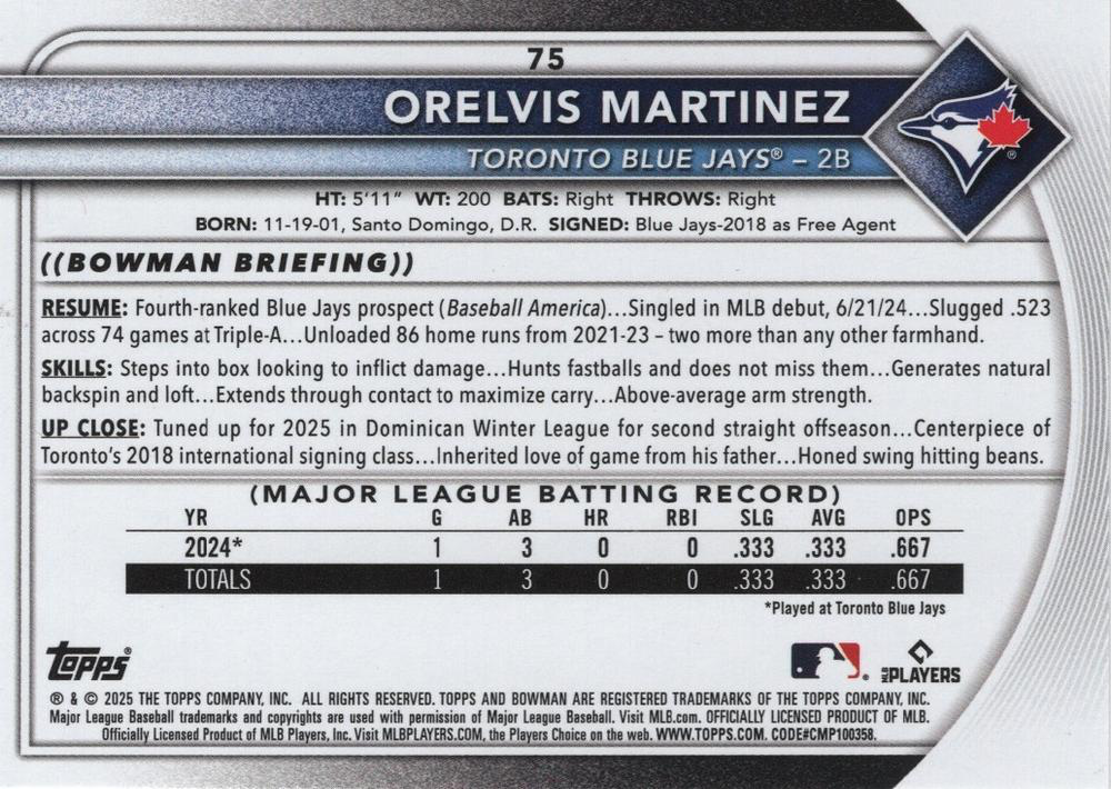 2025 Topps Bowman Orelvis Martinez RC #75 Toronto Blue Jays