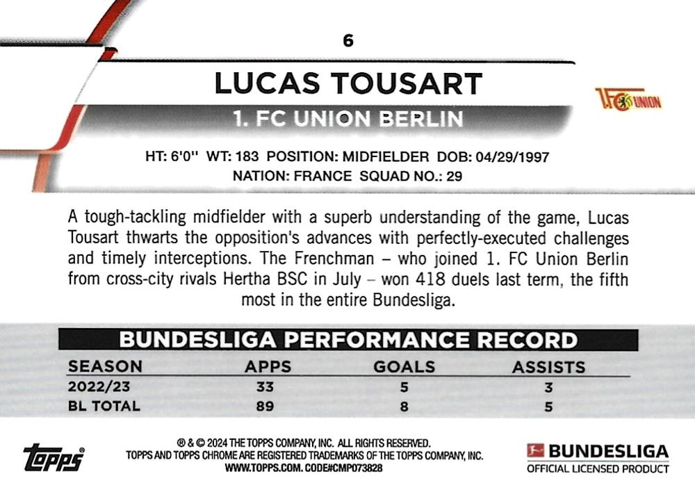 2023 Topps Chrome Bundesliga Lucas Tousart #6 1. FC Union Berlin