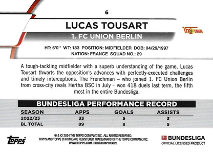 2023 Topps Chrome Bundesliga Lucas Tousart #6 1. FC Union Berlin