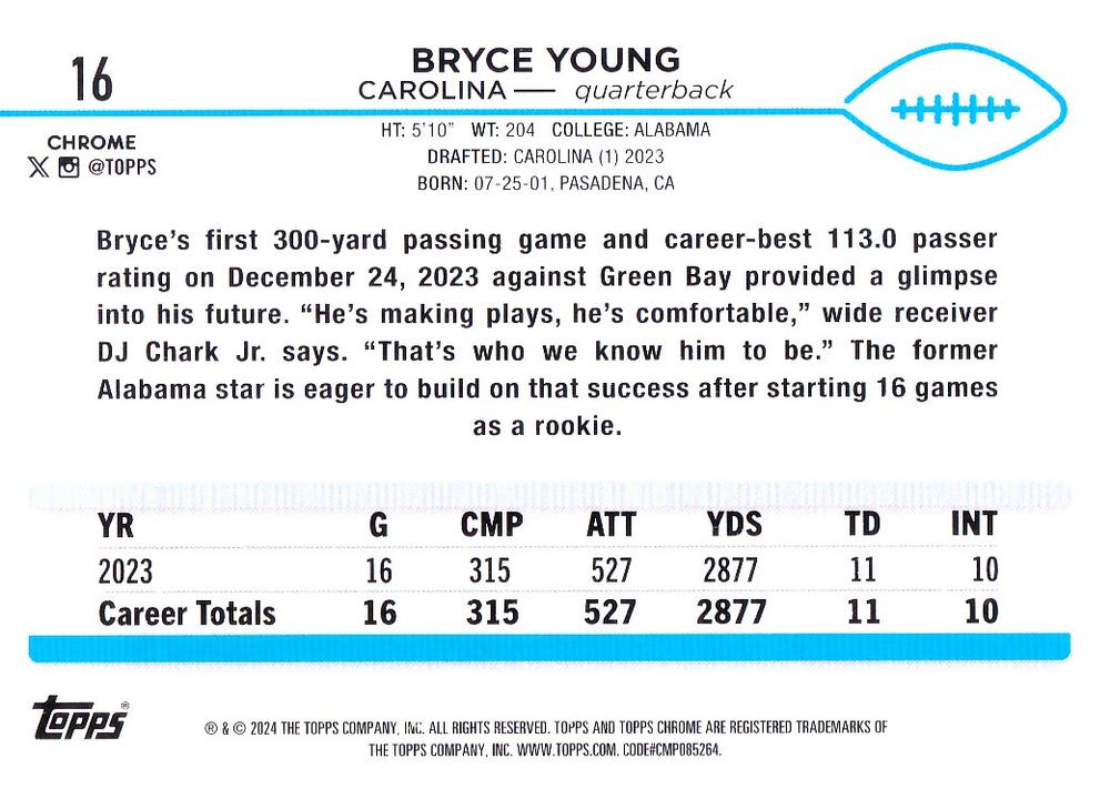 2024 Topps Chrome Football Bryce Young #16 Carolina Panthers