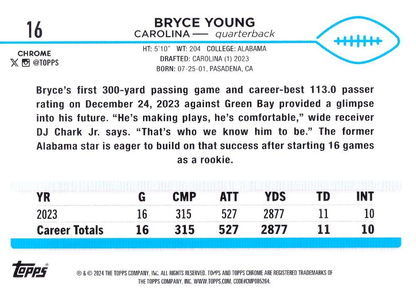 2024 Topps Chrome Football Bryce Young #16 Carolina Panthers