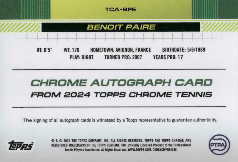 2024 Topps Chrome Tennis Autograph Benoit Paire #TCA-BPE