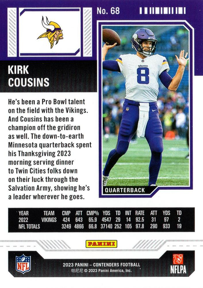 2023 Panini Contenders Kirk Cousins Minnesota Vikings #68