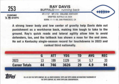 2024 Topps Chrome Football X- Fractor Ray Davis RC #253 Buffalo Bills