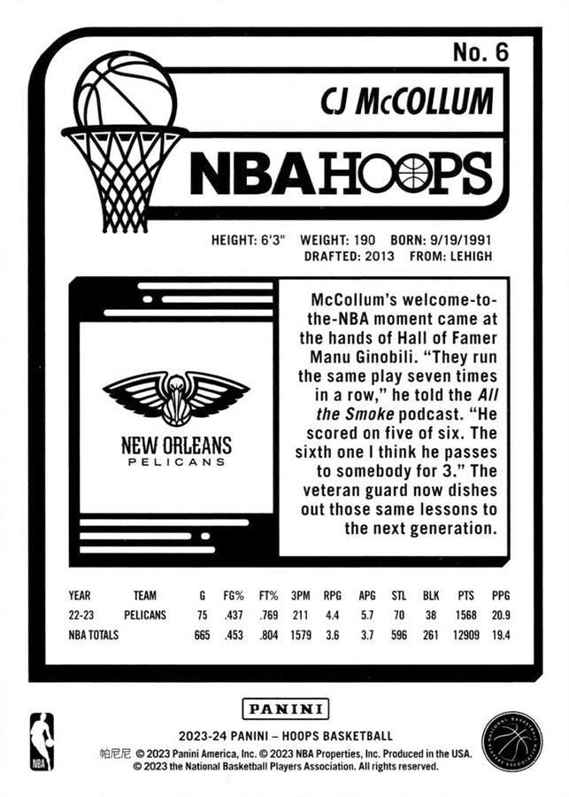 2023 Panini Hoops CJ McCollum #6 New Orleans Pelicans
