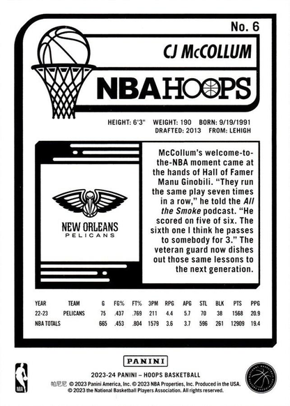 2023 Panini Hoops CJ McCollum #6 New Orleans Pelicans