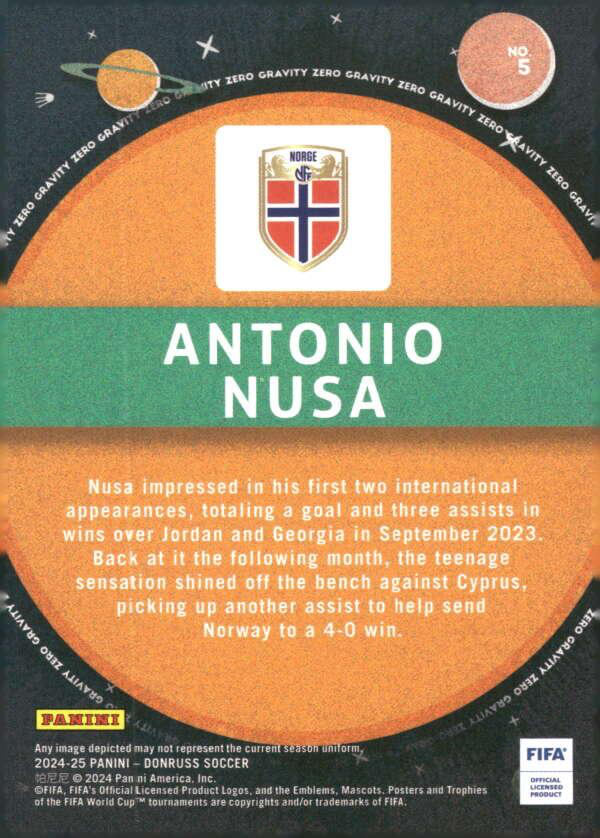 2024 Panini Donruss Zero Gravity Antonio Nusa #5 Norway