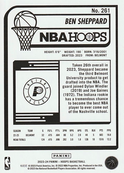 2023 Panini Hoops Ben Sheppard RC #261 Indiana Pacers