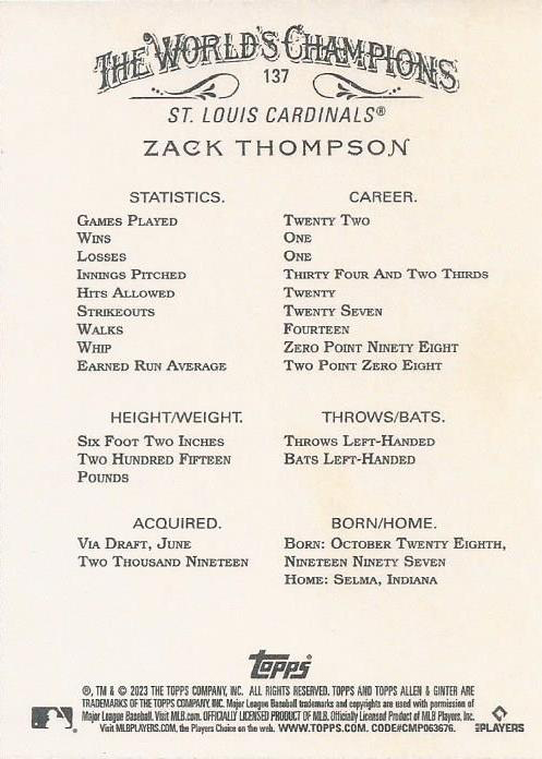 2023 Topps Allen & Ginter Zack Thompson RC St. Louis Cardinals #137