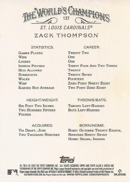 2023 Topps Allen & Ginter Zack Thompson RC St. Louis Cardinals #137