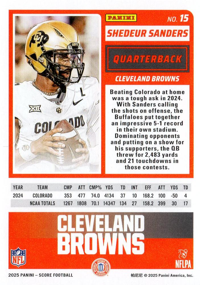 2025 Panini Score Shedeur Sanders RC #15 Cleveland Browns