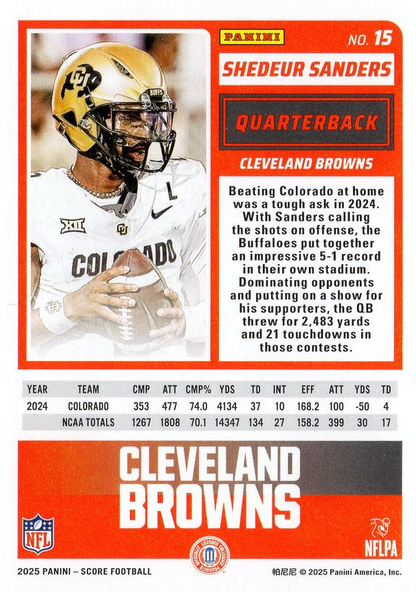 2025 Panini Score Shedeur Sanders RC #15 Cleveland Browns
