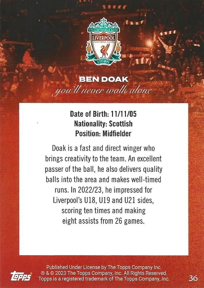 2023 Topps Liverpool Team Set Ben Doak RC YNWA #36 Liverpool