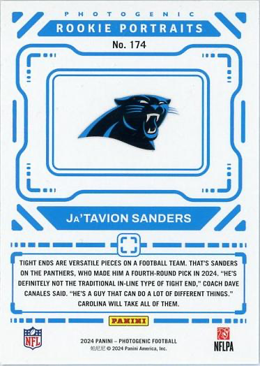 2024 Panini Photogenic Portrait RC Ja'Tavion Sanders #174 Carolina Panthers