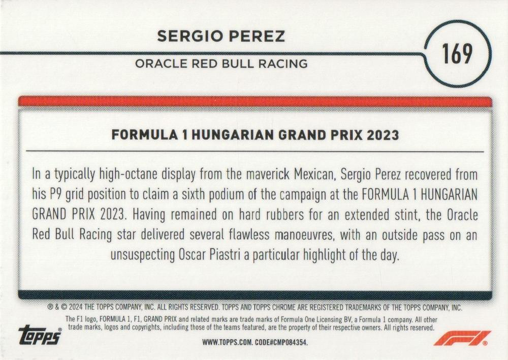 2024 Topps Chrome Formula 1 Sergio Perez DD #169 Red Bull Racing