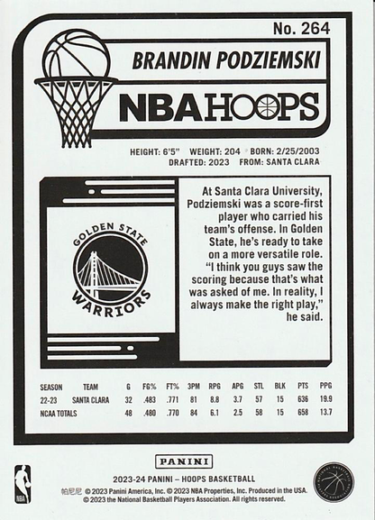 2023 Panini Hoops Brandin Podziemski RC #264 Golden State Warriors