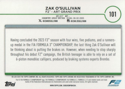 2024 Topps Chrome Formula 1 Zak O'Sullivan F2C #101 ART Grand Prix
