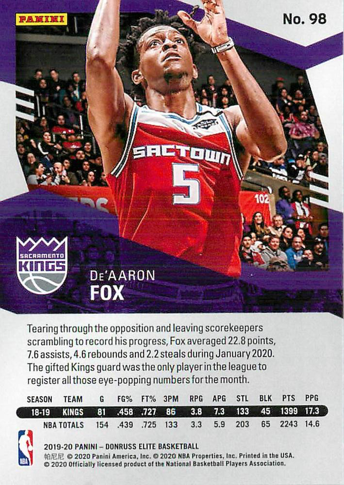 2019 Panini Donruss Elite De'Aaron Fox #98 Sacramento Kings