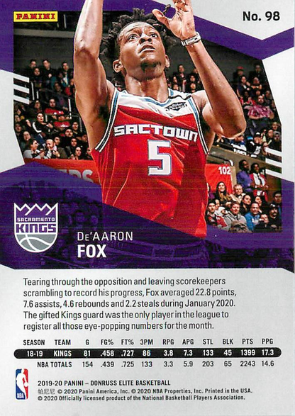 2019 Panini Donruss Elite De'Aaron Fox #98 Sacramento Kings