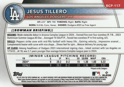 2025 Topps Bowman Chrome Prospect Jesus Tillero 1st #BCP-117 Los Angeles Dodgers