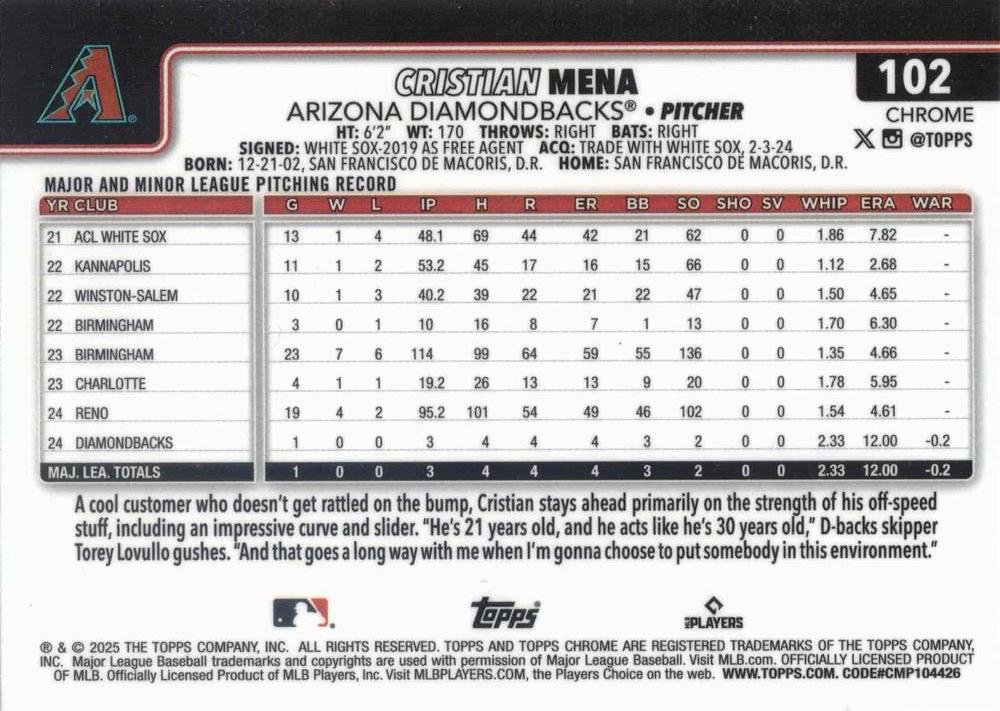 2025 Topps Chrome MLB Cristian Mena RC #102 Arizona Diamondbacks