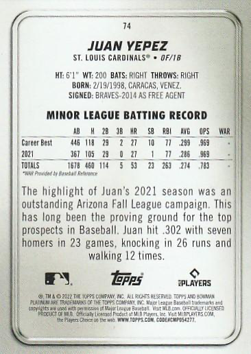 2022 Topps Bowman Platinum Juan Yepez RC St. Louis Cardinals #74
