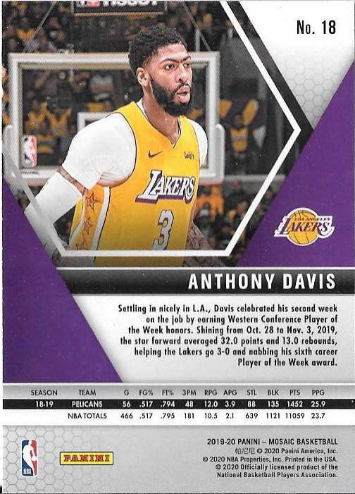 2019 Panini Mosaic Anthony Davis #18 Los Angeles Lakers