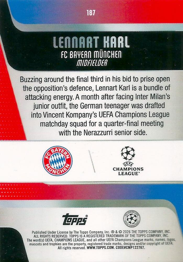2025 Topps UCC Lennart Karl RC #187 FC Bayern Munchen