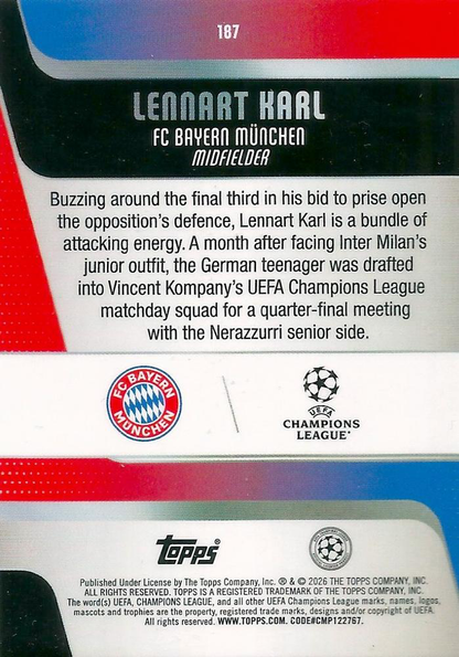 2025 Topps UCC Lennart Karl RC #187 FC Bayern Munchen