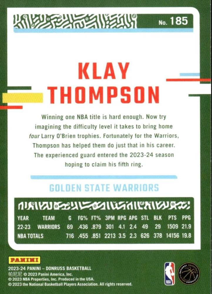 2023 Panini Donruss Klay Thompson #185 Golden State Warriors
