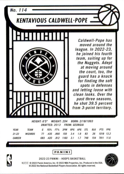 2022 Panini Hoops Kentavious Caldwell-Pope #114 Denver Nuggets