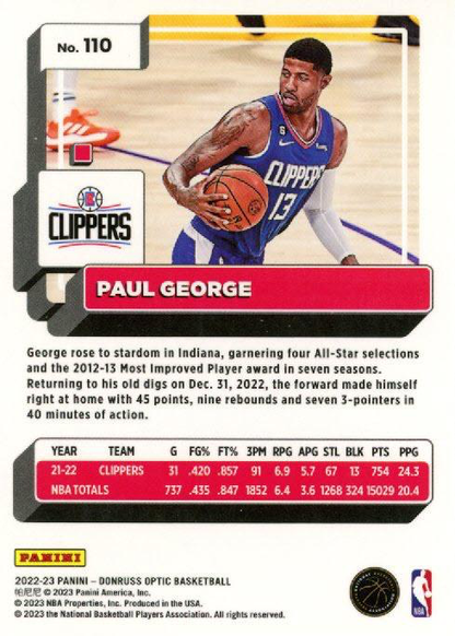 2022 Panini Donruss Optic Paul George #110 Los Angeles Clippers