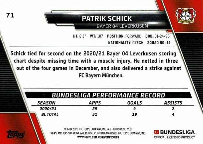 2021 Topps Chrome Bundesliga Patrik Schick #71 Bayer 04 Leverkusen