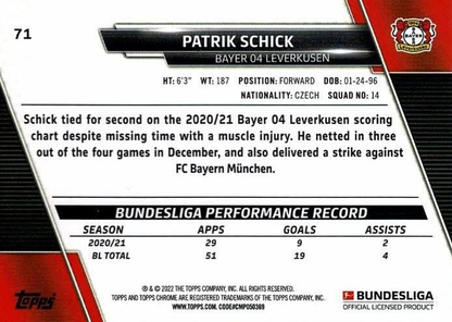 2021 Topps Chrome Bundesliga Patrik Schick #71 Bayer 04 Leverkusen