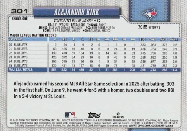 2026 Topps Series 1 Alejandro Kirk #301 Toronto Blue Jays