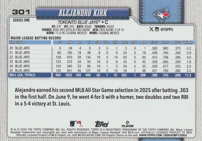 2026 Topps Series 1 Alejandro Kirk #301 Toronto Blue Jays