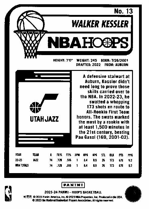 2023 Panini Hoops Walker Kessler #13 Utah Jazz