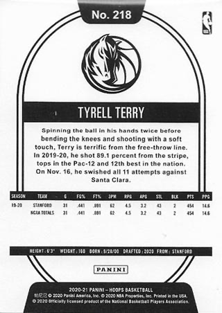 2020 Panini Hoops Tyrell Terry RC #218 Dallas Mavericks