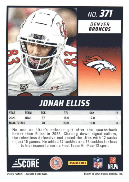 2024 Panini Score Football Jonah Elliss Denver Broncos #371 RC