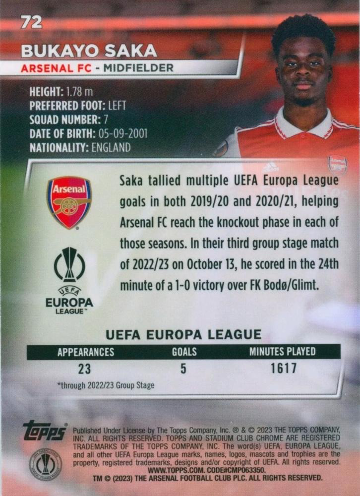 2022 Topps Stadium Club Chrome UCC Bukayo Saka Blue Prism Refractor #72 Arsenal FC