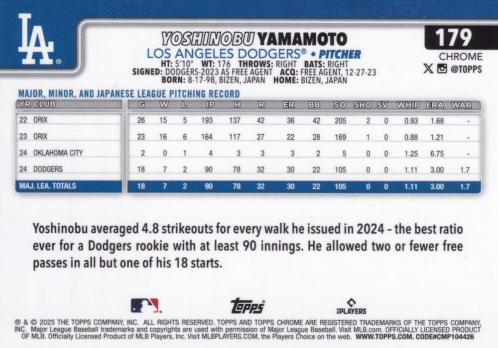 2025 Topps Chrome MLB Yoshinobu Yamamoto #179 Los Angeles Dodgers