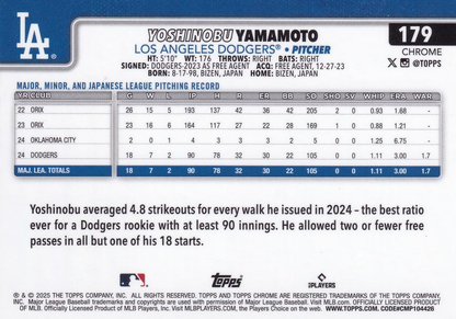 2025 Topps Chrome MLB Yoshinobu Yamamoto #179 Los Angeles Dodgers