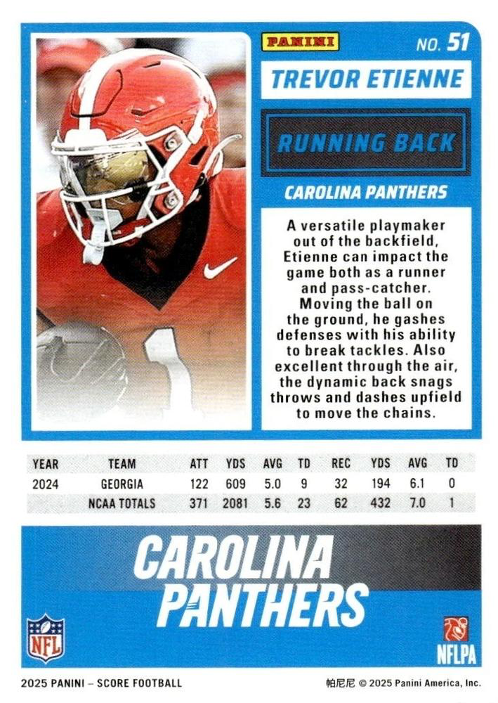 2025 Panini Score Trevor Etienne RC #51 Carolina Panthers