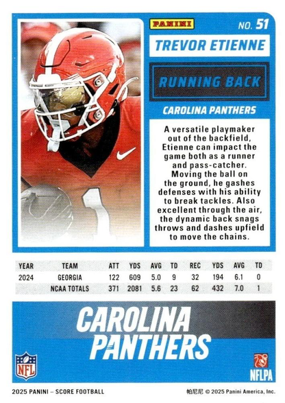2025 Panini Score Trevor Etienne RC #51 Carolina Panthers