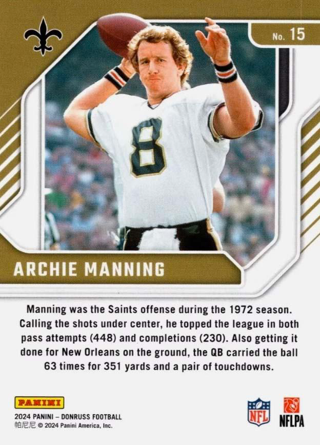 2024 Panini Donruss Legend Series Archie Manning #15 New Orleans Saints